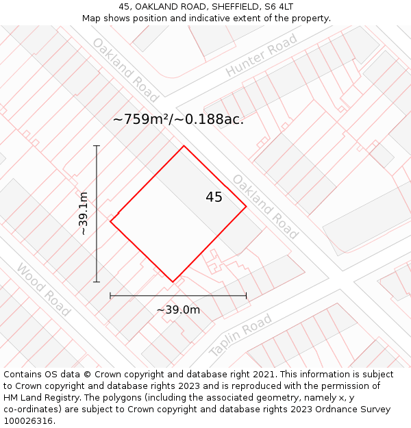 45, OAKLAND ROAD, SHEFFIELD, S6 4LT: Plot and title map