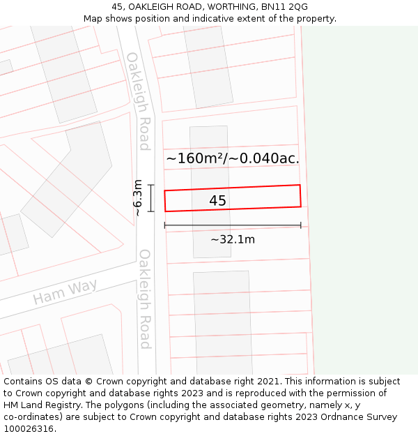45, OAKLEIGH ROAD, WORTHING, BN11 2QG: Plot and title map