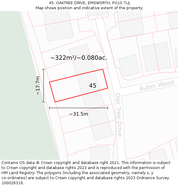 45, OAKTREE DRIVE, EMSWORTH, PO10 7UJ: Plot and title map