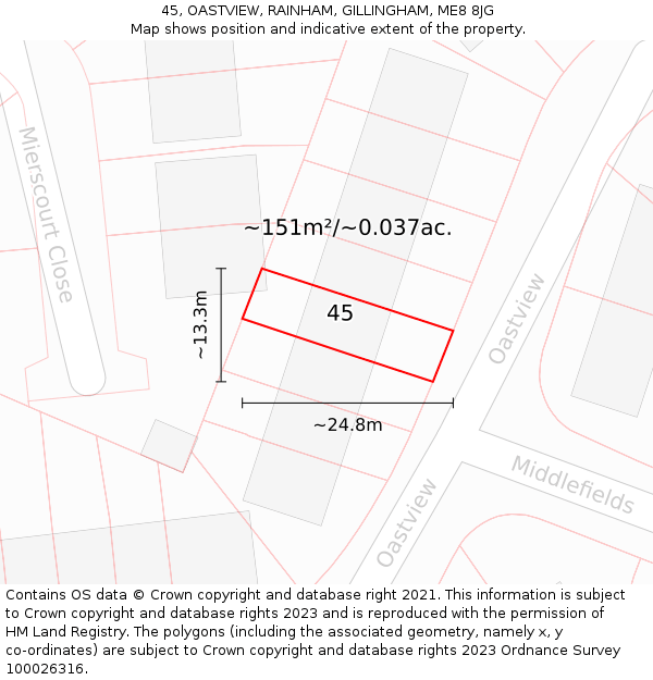 45, OASTVIEW, RAINHAM, GILLINGHAM, ME8 8JG: Plot and title map