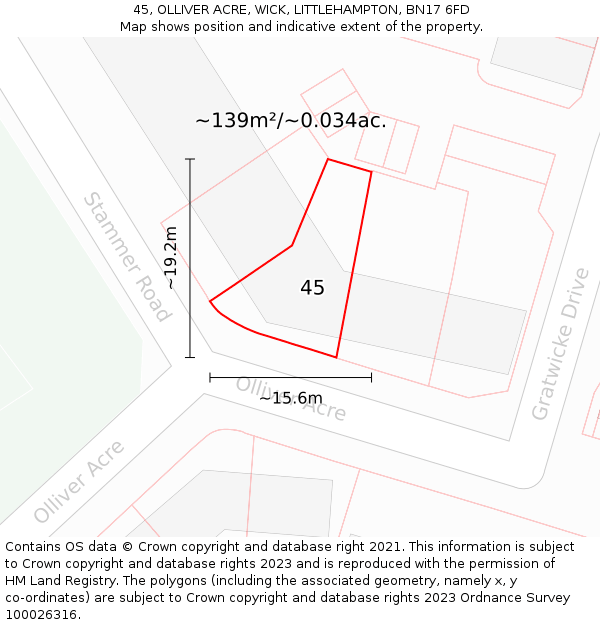 45, OLLIVER ACRE, WICK, LITTLEHAMPTON, BN17 6FD: Plot and title map