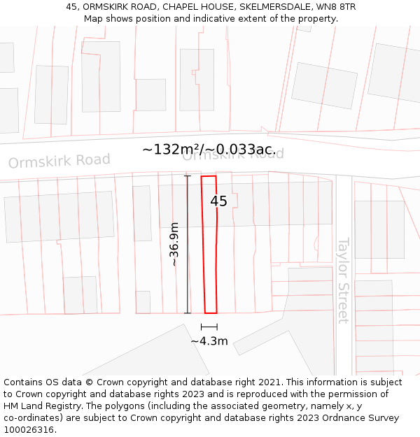 45, ORMSKIRK ROAD, CHAPEL HOUSE, SKELMERSDALE, WN8 8TR: Plot and title map