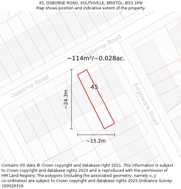 45, OSBORNE ROAD, SOUTHVILLE, BRISTOL, BS3 1PW: Plot and title map