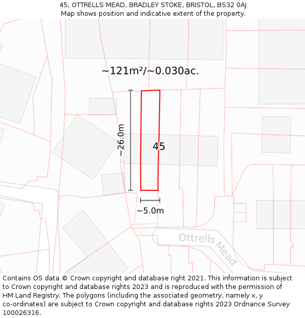 45, OTTRELLS MEAD, BRADLEY STOKE, BRISTOL, BS32 0AJ: Plot and title map