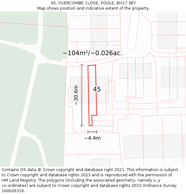 45, OVERCOMBE CLOSE, POOLE, BH17 9EY: Plot and title map