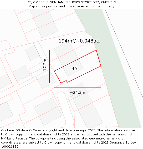 45, OZIERS, ELSENHAM, BISHOP'S STORTFORD, CM22 6LS: Plot and title map