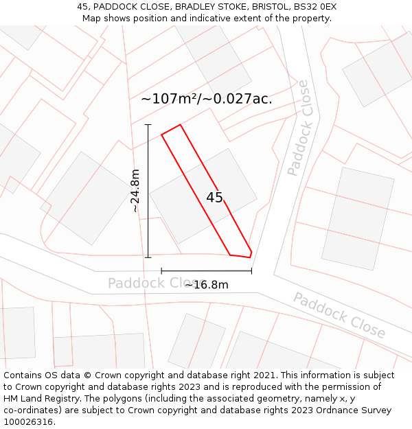 45, PADDOCK CLOSE, BRADLEY STOKE, BRISTOL, BS32 0EX: Plot and title map