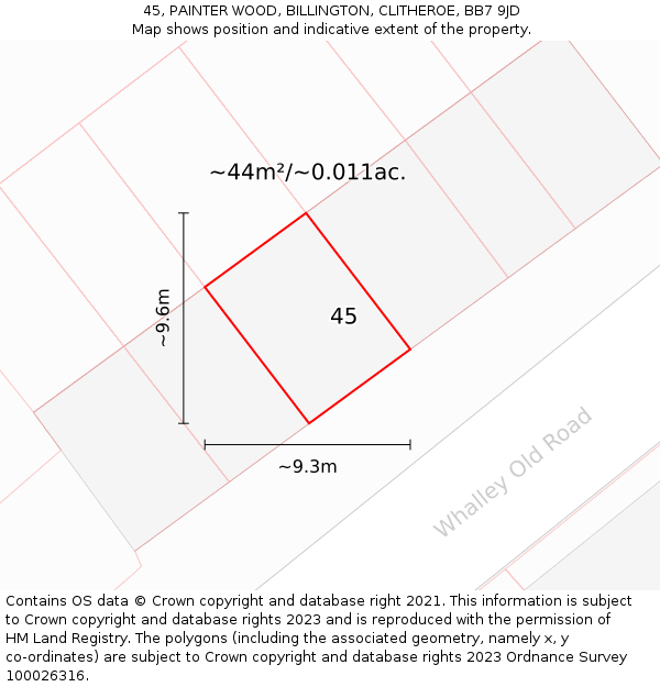 45, PAINTER WOOD, BILLINGTON, CLITHEROE, BB7 9JD: Plot and title map