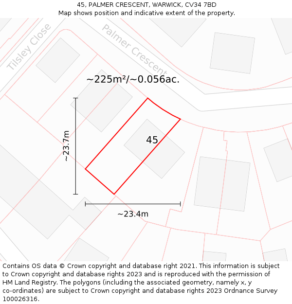 45, PALMER CRESCENT, WARWICK, CV34 7BD: Plot and title map