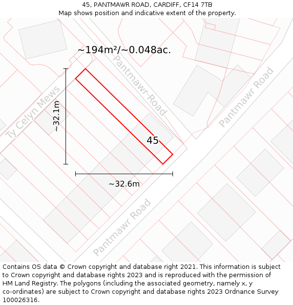 45, PANTMAWR ROAD, CARDIFF, CF14 7TB: Plot and title map