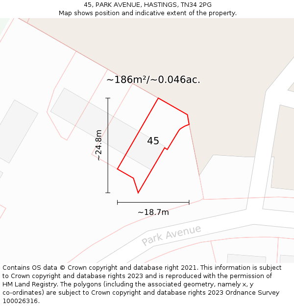 45, PARK AVENUE, HASTINGS, TN34 2PG: Plot and title map