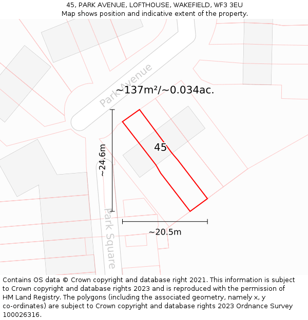 45, PARK AVENUE, LOFTHOUSE, WAKEFIELD, WF3 3EU: Plot and title map