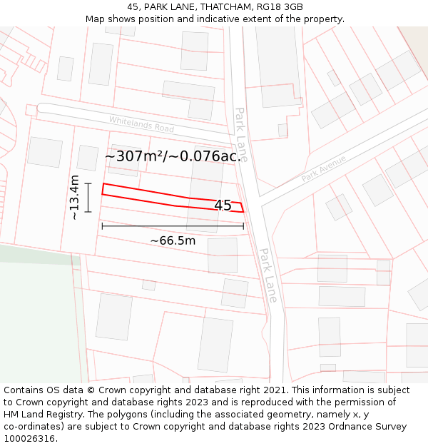 45, PARK LANE, THATCHAM, RG18 3GB: Plot and title map