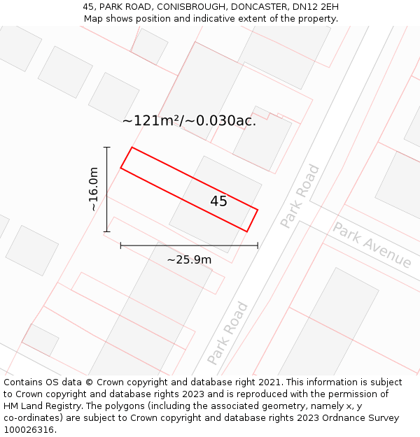 45, PARK ROAD, CONISBROUGH, DONCASTER, DN12 2EH: Plot and title map