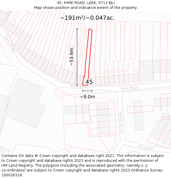 45, PARK ROAD, LEEK, ST13 8JU: Plot and title map