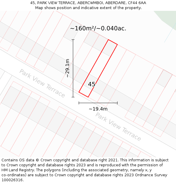 45, PARK VIEW TERRACE, ABERCWMBOI, ABERDARE, CF44 6AA: Plot and title map