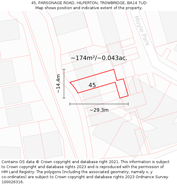 45, PARSONAGE ROAD, HILPERTON, TROWBRIDGE, BA14 7UD: Plot and title map