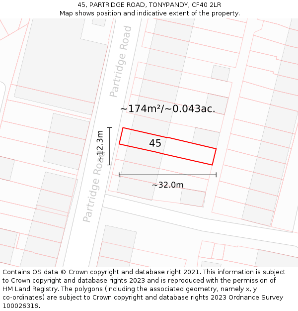 45, PARTRIDGE ROAD, TONYPANDY, CF40 2LR: Plot and title map