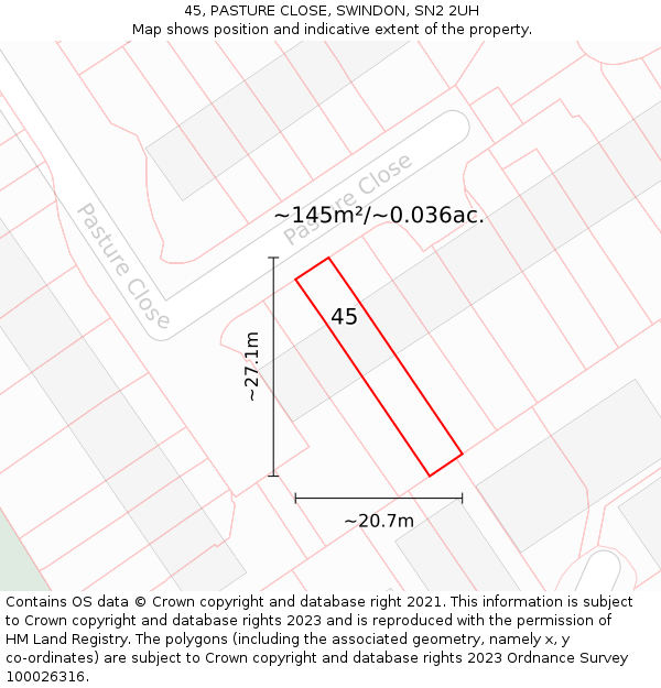 45, PASTURE CLOSE, SWINDON, SN2 2UH: Plot and title map