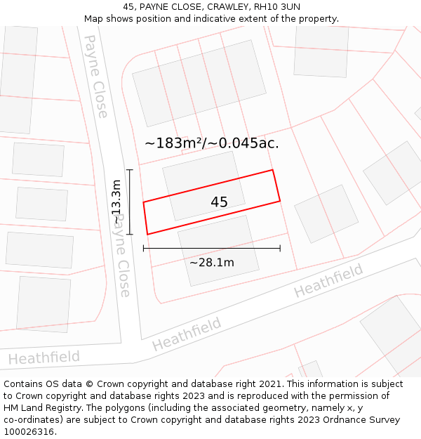 45, PAYNE CLOSE, CRAWLEY, RH10 3UN: Plot and title map