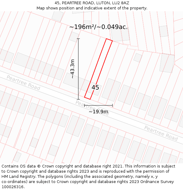 45, PEARTREE ROAD, LUTON, LU2 8AZ: Plot and title map