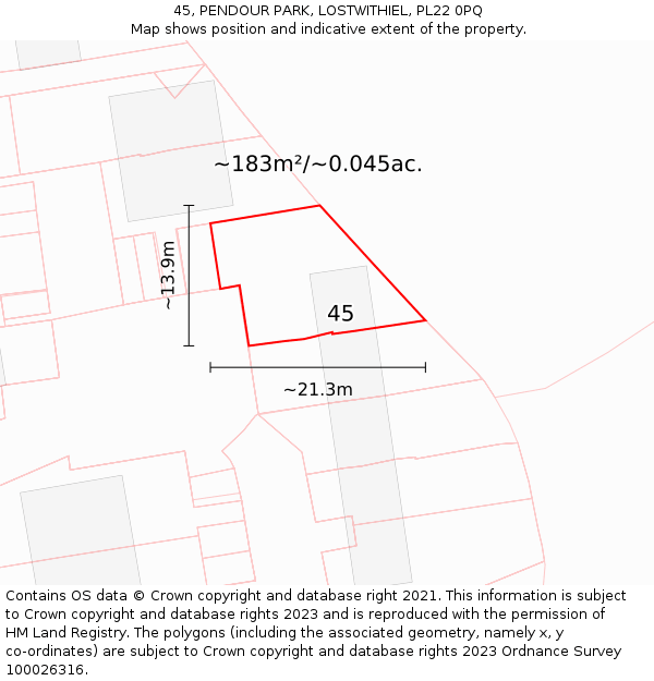 45, PENDOUR PARK, LOSTWITHIEL, PL22 0PQ: Plot and title map