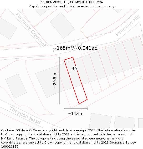 45, PENMERE HILL, FALMOUTH, TR11 2RA: Plot and title map