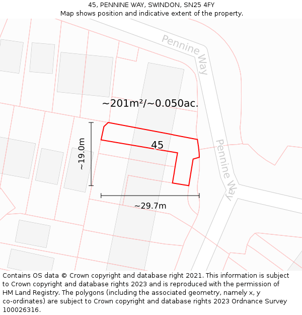 45, PENNINE WAY, SWINDON, SN25 4FY: Plot and title map
