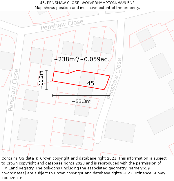 45, PENSHAW CLOSE, WOLVERHAMPTON, WV9 5NF: Plot and title map