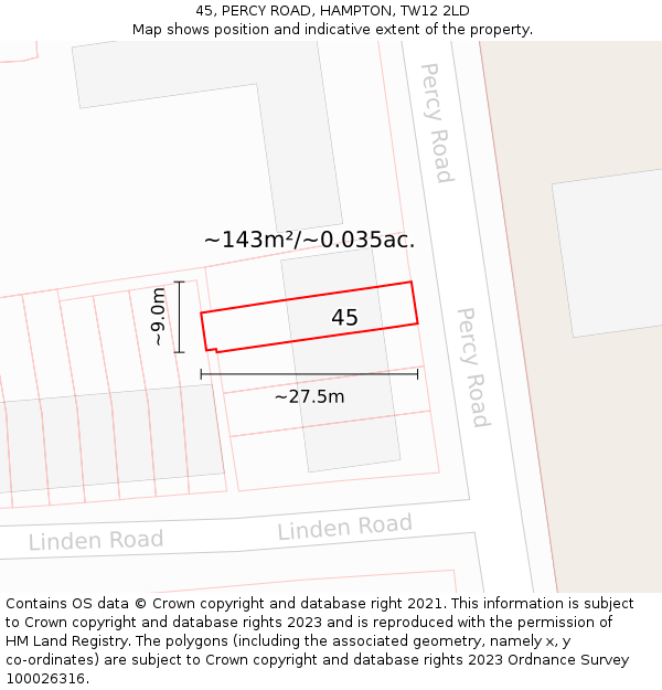 45, PERCY ROAD, HAMPTON, TW12 2LD: Plot and title map
