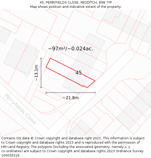 45, PERRYFIELDS CLOSE, REDDITCH, B98 7YP: Plot and title map