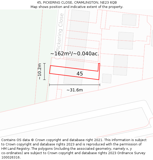 45, PICKERING CLOSE, CRAMLINGTON, NE23 6QB: Plot and title map