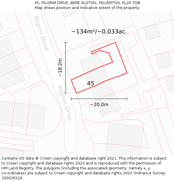 45, PILGRIM DRIVE, BERE ALSTON, YELVERTON, PL20 7DB: Plot and title map