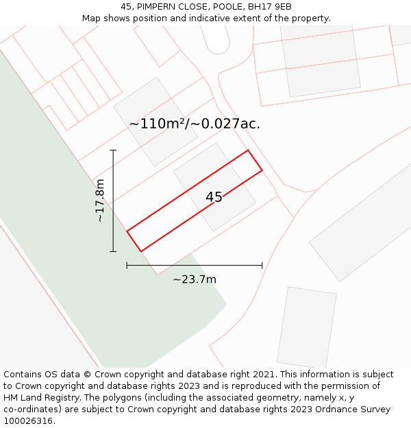 45, PIMPERN CLOSE, POOLE, BH17 9EB: Plot and title map