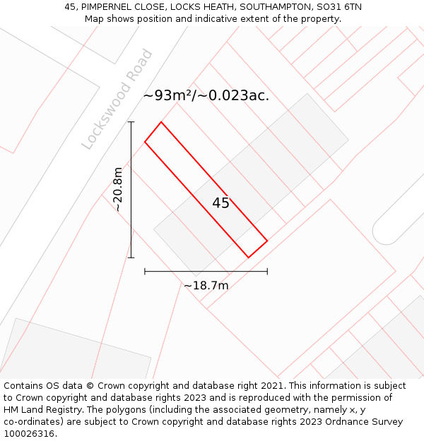 45, PIMPERNEL CLOSE, LOCKS HEATH, SOUTHAMPTON, SO31 6TN: Plot and title map