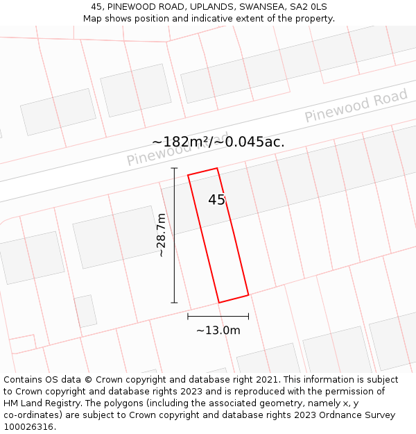 45, PINEWOOD ROAD, UPLANDS, SWANSEA, SA2 0LS: Plot and title map