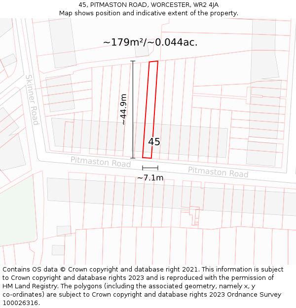 45, PITMASTON ROAD, WORCESTER, WR2 4JA: Plot and title map
