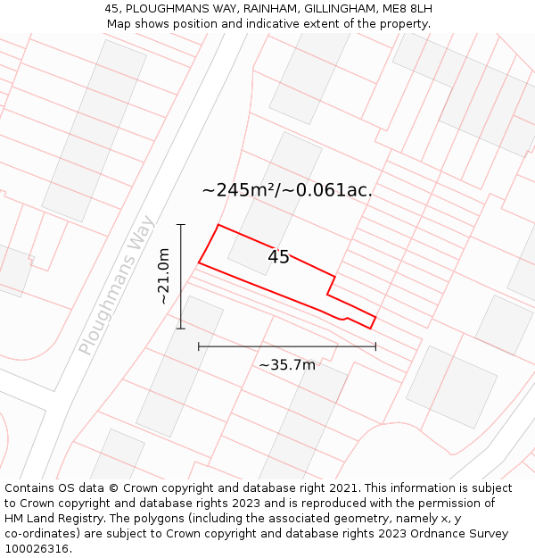 45, PLOUGHMANS WAY, RAINHAM, GILLINGHAM, ME8 8LH: Plot and title map