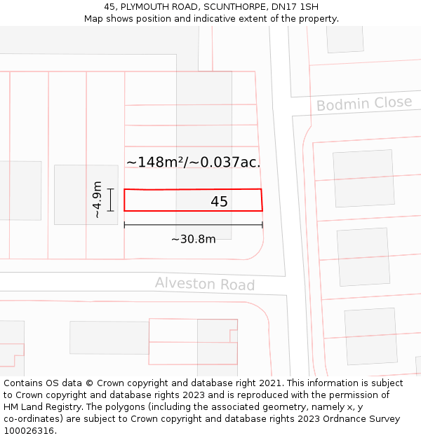 45, PLYMOUTH ROAD, SCUNTHORPE, DN17 1SH: Plot and title map