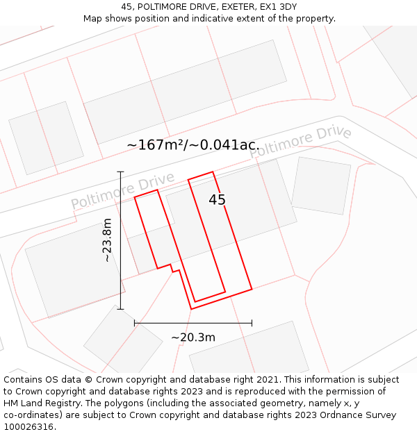 45, POLTIMORE DRIVE, EXETER, EX1 3DY: Plot and title map