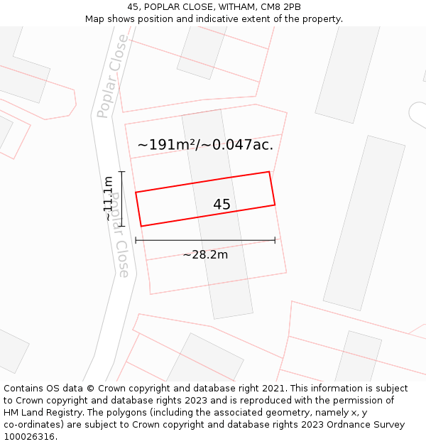45, POPLAR CLOSE, WITHAM, CM8 2PB: Plot and title map