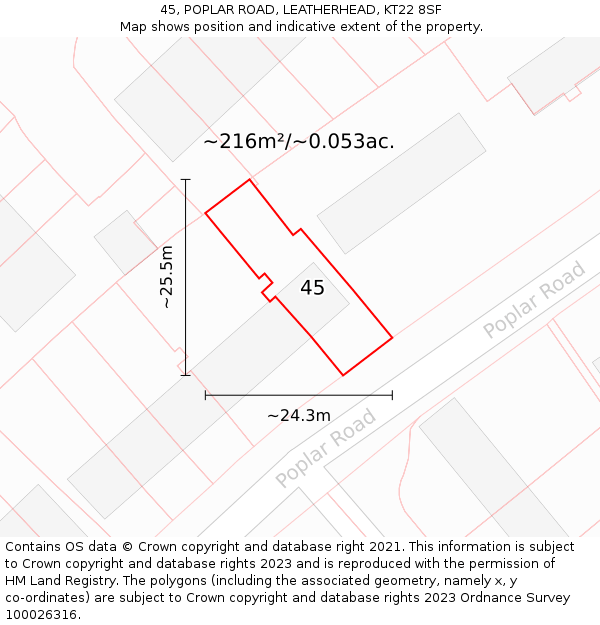 45, POPLAR ROAD, LEATHERHEAD, KT22 8SF: Plot and title map