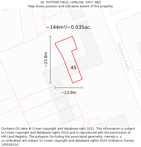 45, POTTERS FIELD, HARLOW, CM17 9BZ: Plot and title map