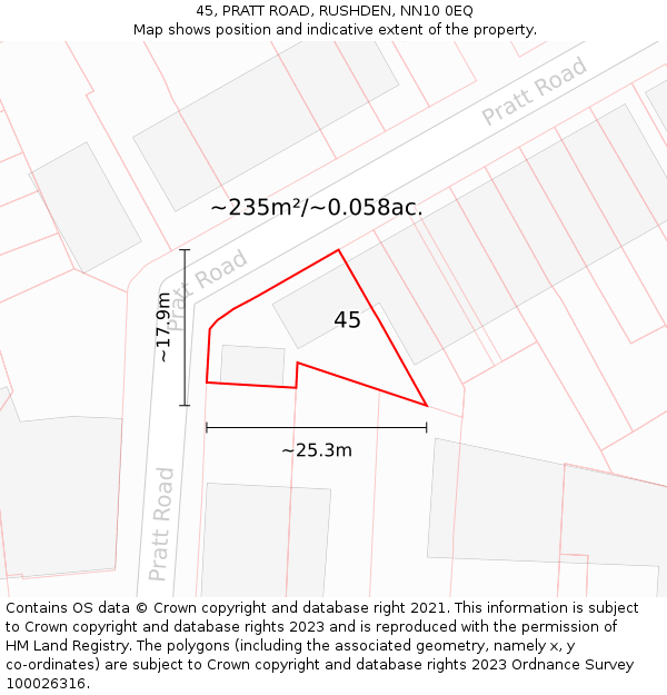 45, PRATT ROAD, RUSHDEN, NN10 0EQ: Plot and title map