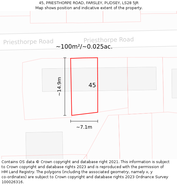 45, PRIESTHORPE ROAD, FARSLEY, PUDSEY, LS28 5JR: Plot and title map