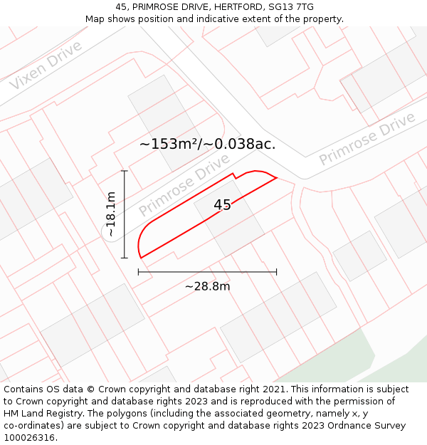 45, PRIMROSE DRIVE, HERTFORD, SG13 7TG: Plot and title map