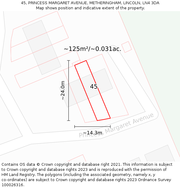 45, PRINCESS MARGARET AVENUE, METHERINGHAM, LINCOLN, LN4 3DA: Plot and title map