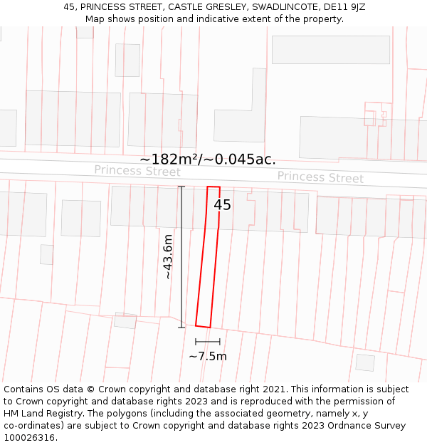45, PRINCESS STREET, CASTLE GRESLEY, SWADLINCOTE, DE11 9JZ: Plot and title map
