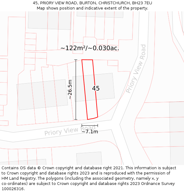 45, PRIORY VIEW ROAD, BURTON, CHRISTCHURCH, BH23 7EU: Plot and title map