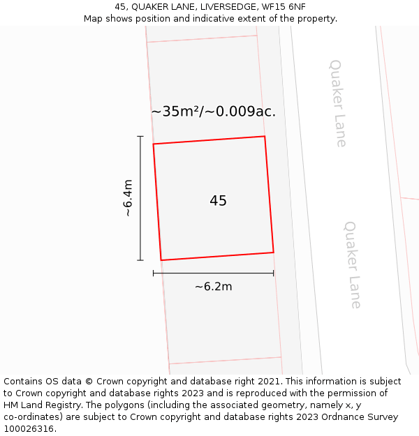45, QUAKER LANE, LIVERSEDGE, WF15 6NF: Plot and title map
